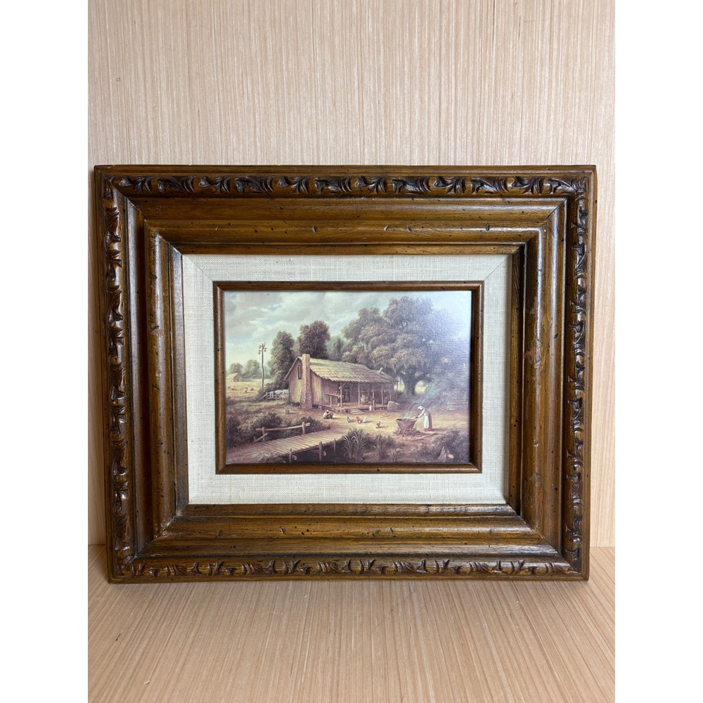 Vintage Rustic Cabin Landscape Print Ornate Wood Frame Linen Mat Farmhouse